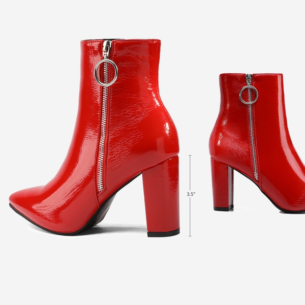 Chunky High Heel Ankle Boots - RED PAT - 3